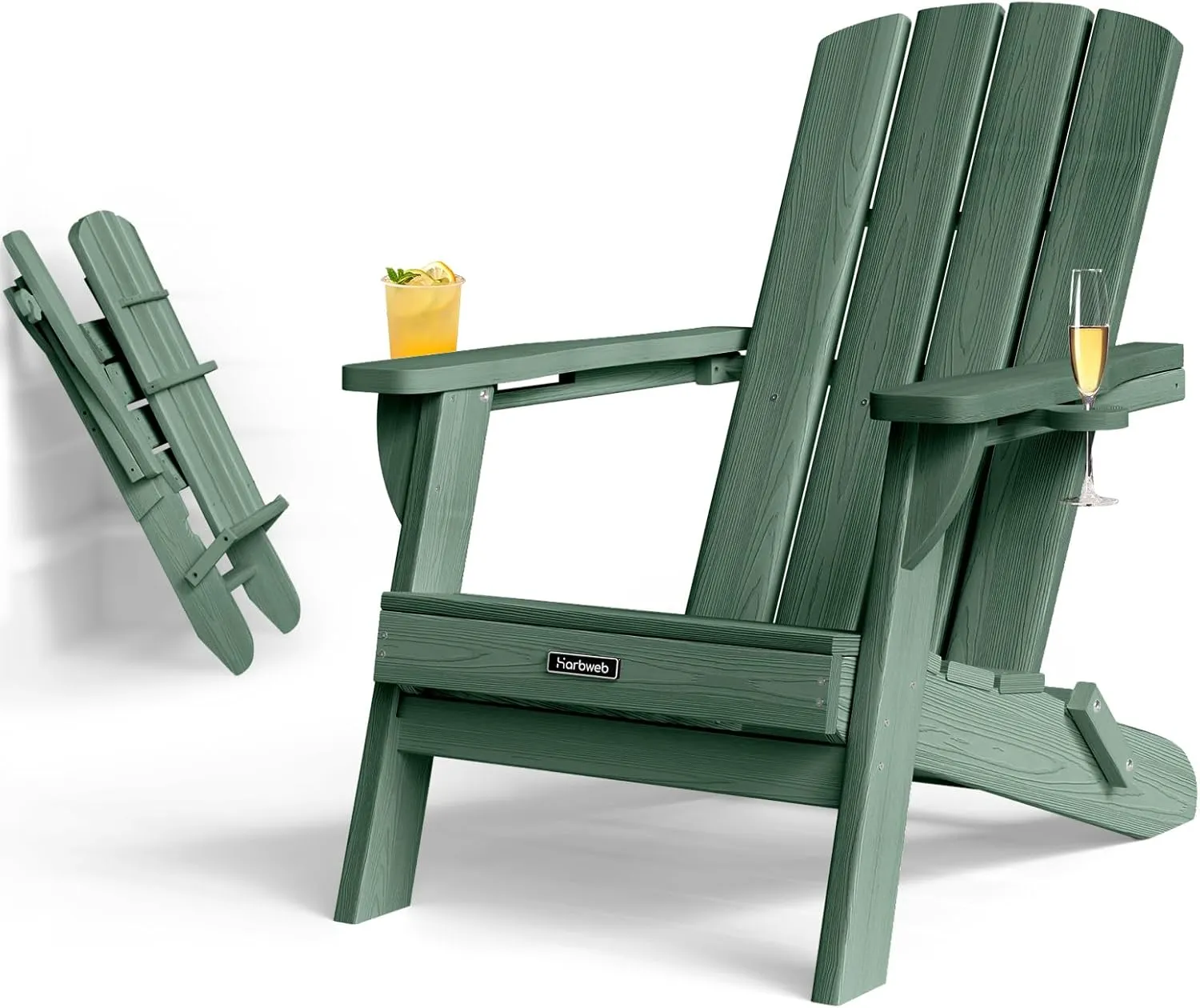 Folding Adirondack Chair with Wood Texture, HDPE All-Weather Fire Pit Chairs, Plastic Adirondack Chairs with 2 Cup Holder, Outdoor Lawn Chair for Patio Garden (Green)