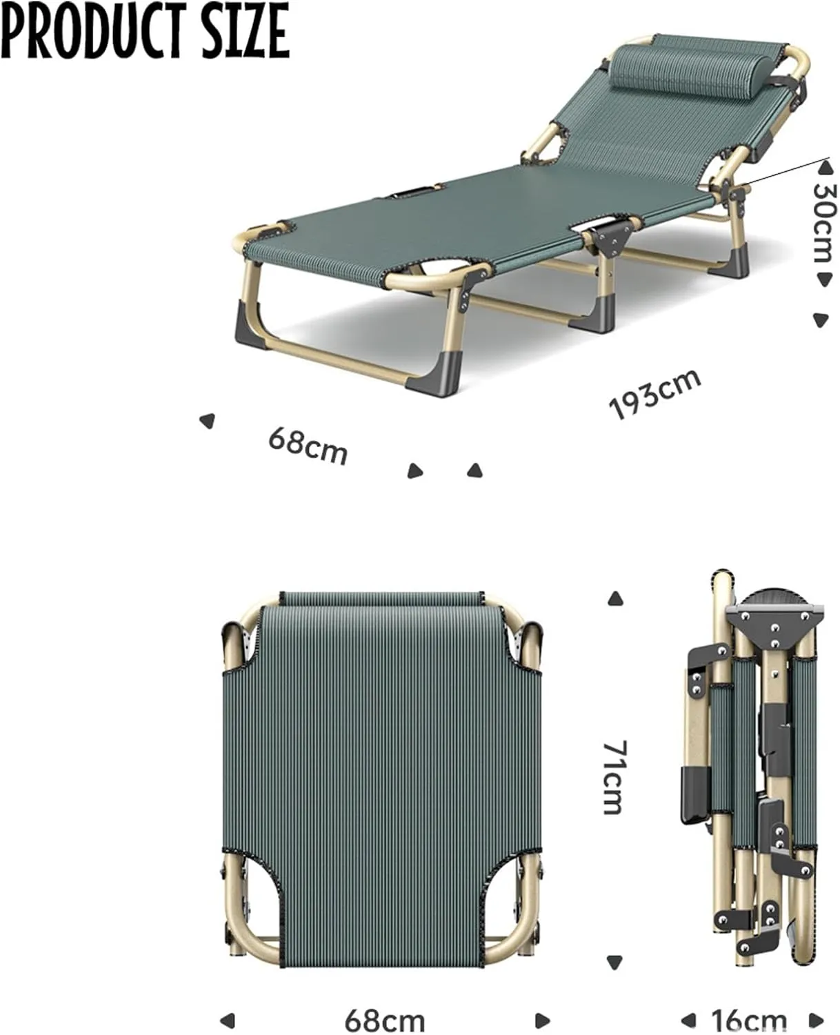 Folding Camping Cot for Adults, Camping Cot, 5 Positions Adjustable Patio Chaise Lounge Chair, Portable Sleeping Cot, for Bedroom, Pool, Patio, 193x68x30cm