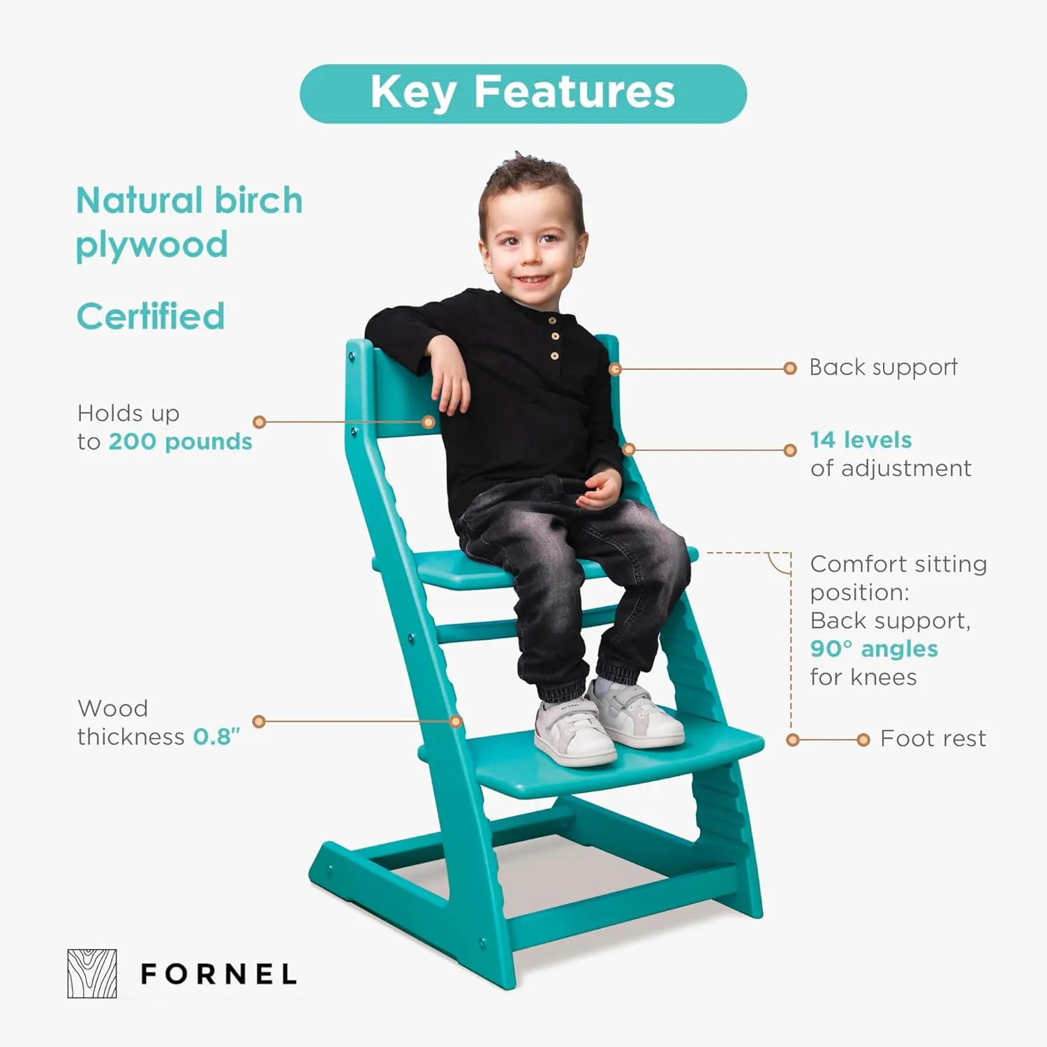 Fornel Wooden High Chair for Babies and Toddlers - Easy Clean Adjustable High Chair for Eating - Toddler HighChair for Dining Table - Montessori Baby highchair from 3 Years to 200 Lb, Grow with Child