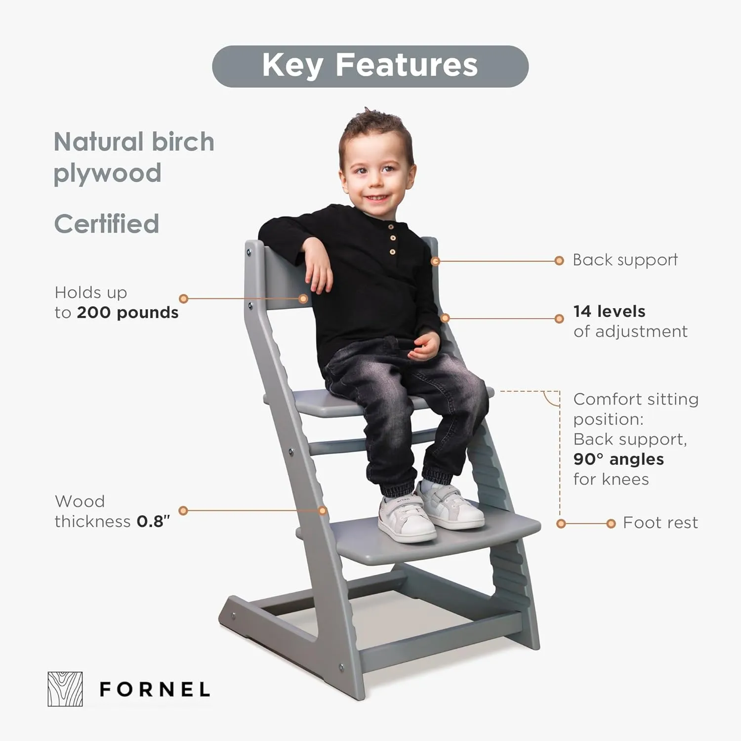 Fornel Wooden High Chair for Babies and Toddlers - Easy Clean Adjustable High Chair for Eating - Toddler HighChair for Dining Table - Montessori Baby highchair from 3 Years to 200 Lb, Grow with Child