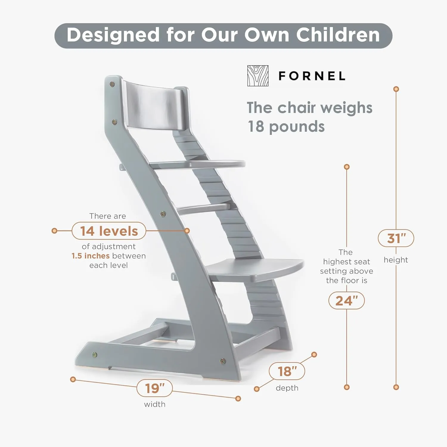 Fornel Wooden High Chair for Babies and Toddlers - Easy Clean Adjustable High Chair for Eating - Toddler HighChair for Dining Table - Montessori Baby highchair from 3 Years to 200 Lb, Grow with Child