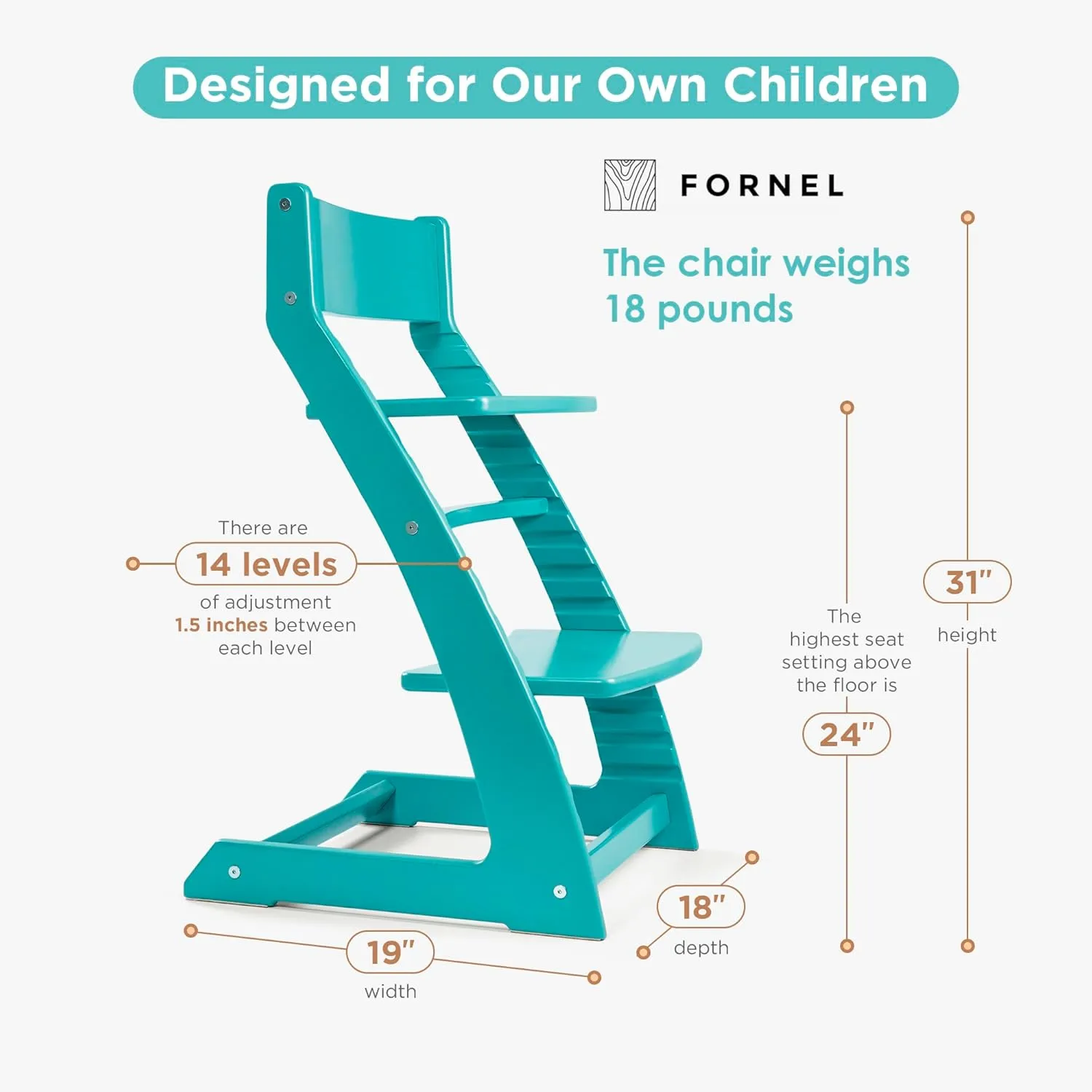 Fornel Wooden High Chair for Babies and Toddlers - Easy Clean Adjustable High Chair for Eating - Toddler HighChair for Dining Table - Montessori Baby highchair from 3 Years to 200 Lb, Grow with Child