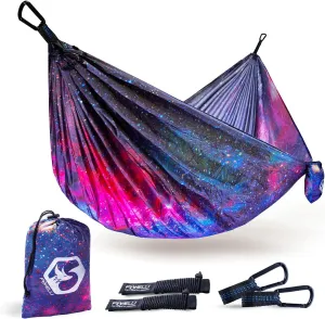 Foxelli Camping Hammock - Lightweight Portable Hammock, Easy Setup with Tree-Friendly Ropes & Steel Carabiners, Heavy Duty Parachute Nylon for Indoors and Outdoors