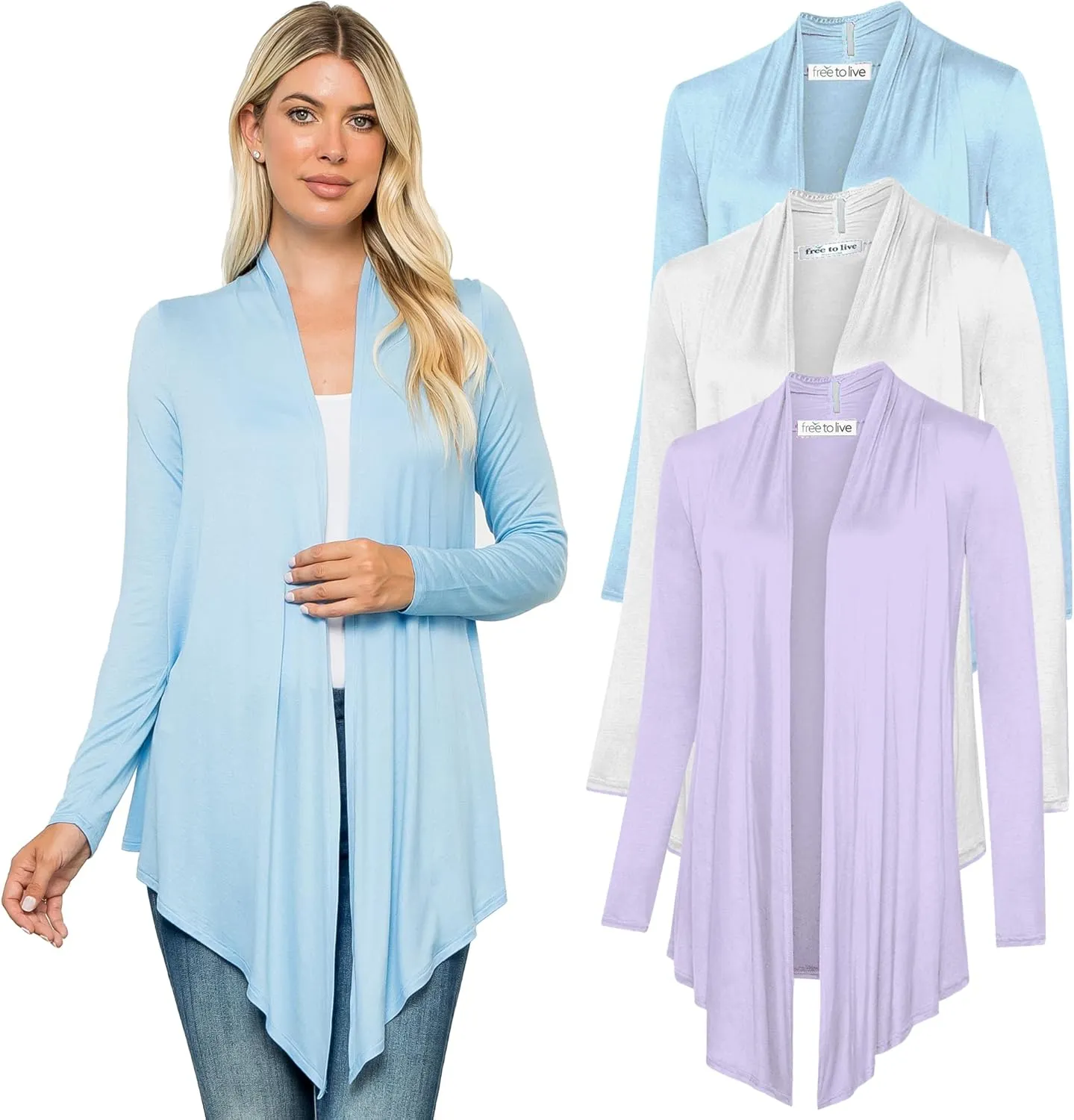 Free to Live 3 Pack Long Sleeve Cardigan for Women Open Front Dressy Casual Fall Draped Lightweight Sweaters Cover Up Shrugs