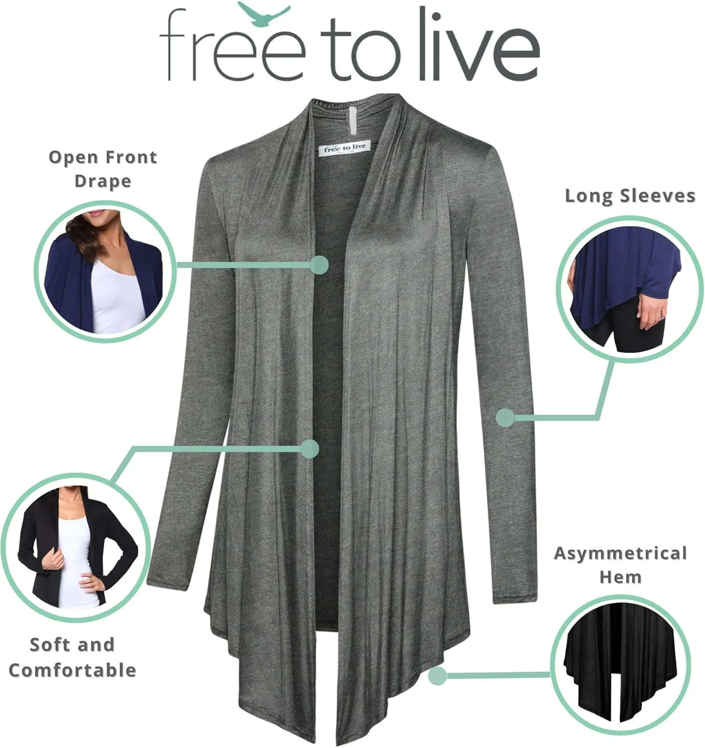 Free to Live 3 Pack Long Sleeve Cardigan for Women Open Front Dressy Casual Fall Draped Lightweight Sweaters Cover Up Shrugs