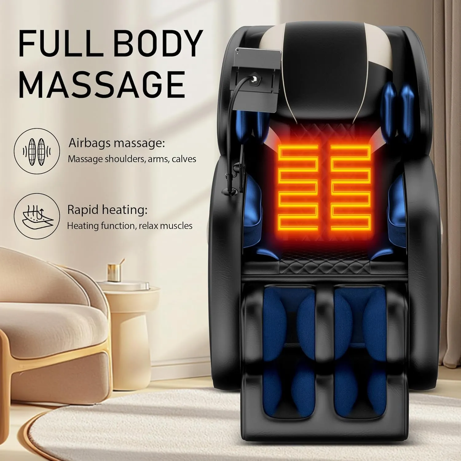 Full Body Massage Chair Recliner with Zero Gravity, Airbag Pressure, Heat Therapy, Foot Roller & Bluetooth, 8 Fixed Rollers, Adjustable Footrest (Obsidian Black)