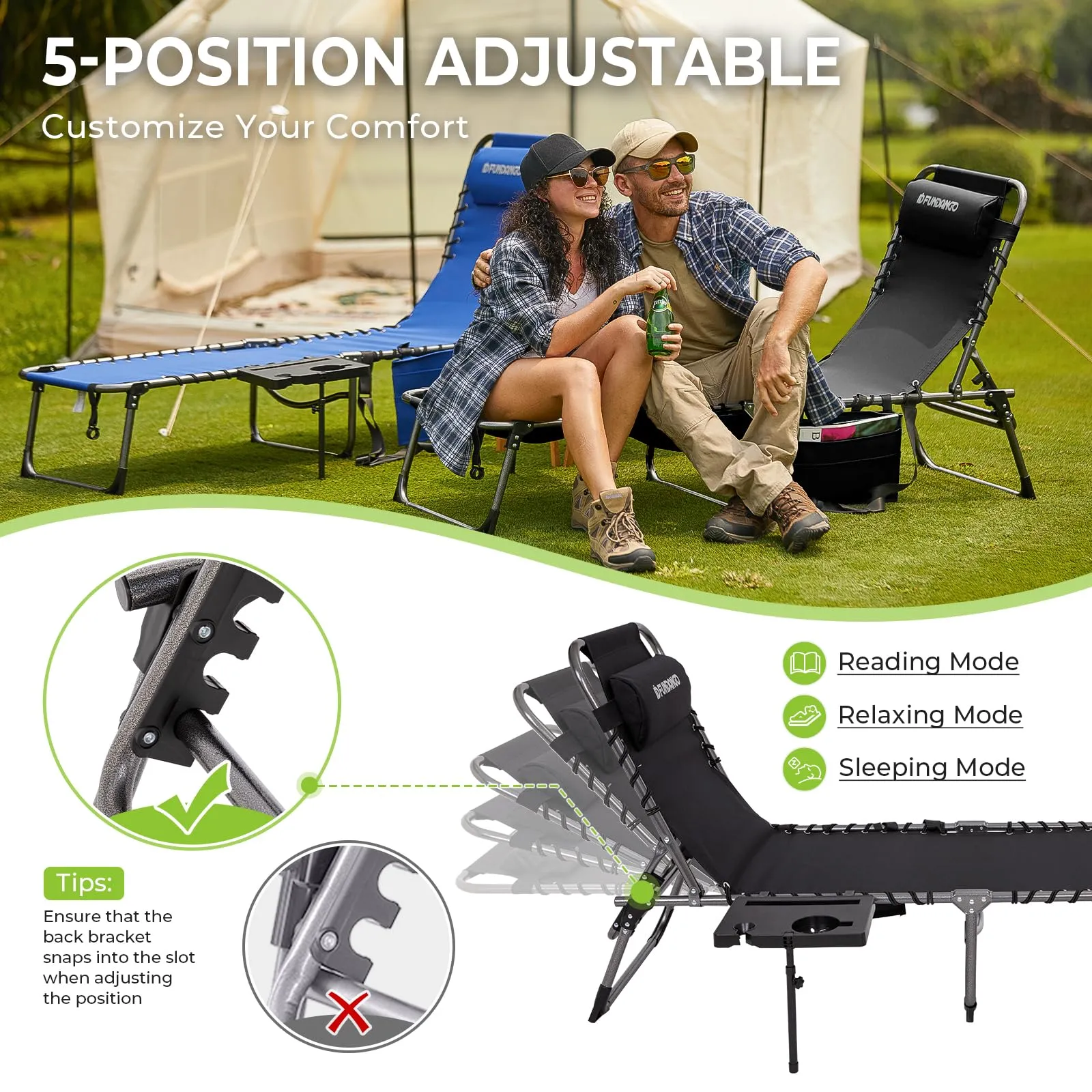 FUNDANGO Portable Camping Reclining Chair with Soft Pad & Side Table