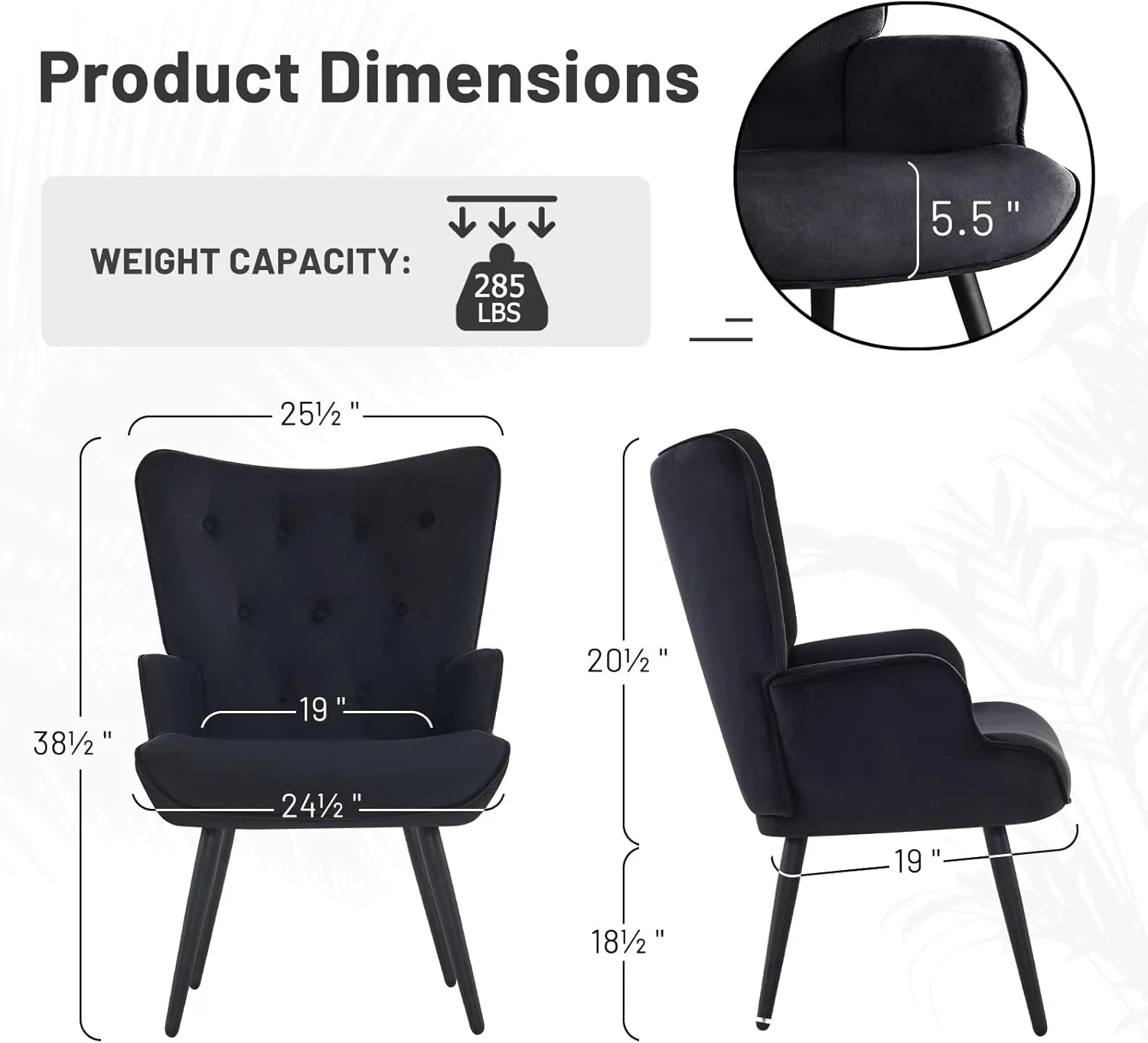 Furniliving Velvet Accent Chair Modern Upholstered Side Armchair with Tapered Legs Tufted Button Wingback Sofa Chairs Tall Back Reading for Living Room Bedroom Waiting Room, Black