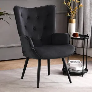 Furniliving Velvet Accent Chair Modern Upholstered Side Armchair with Tapered Legs Tufted Button Wingback Sofa Chairs Tall Back Reading for Living Room Bedroom Waiting Room, Black