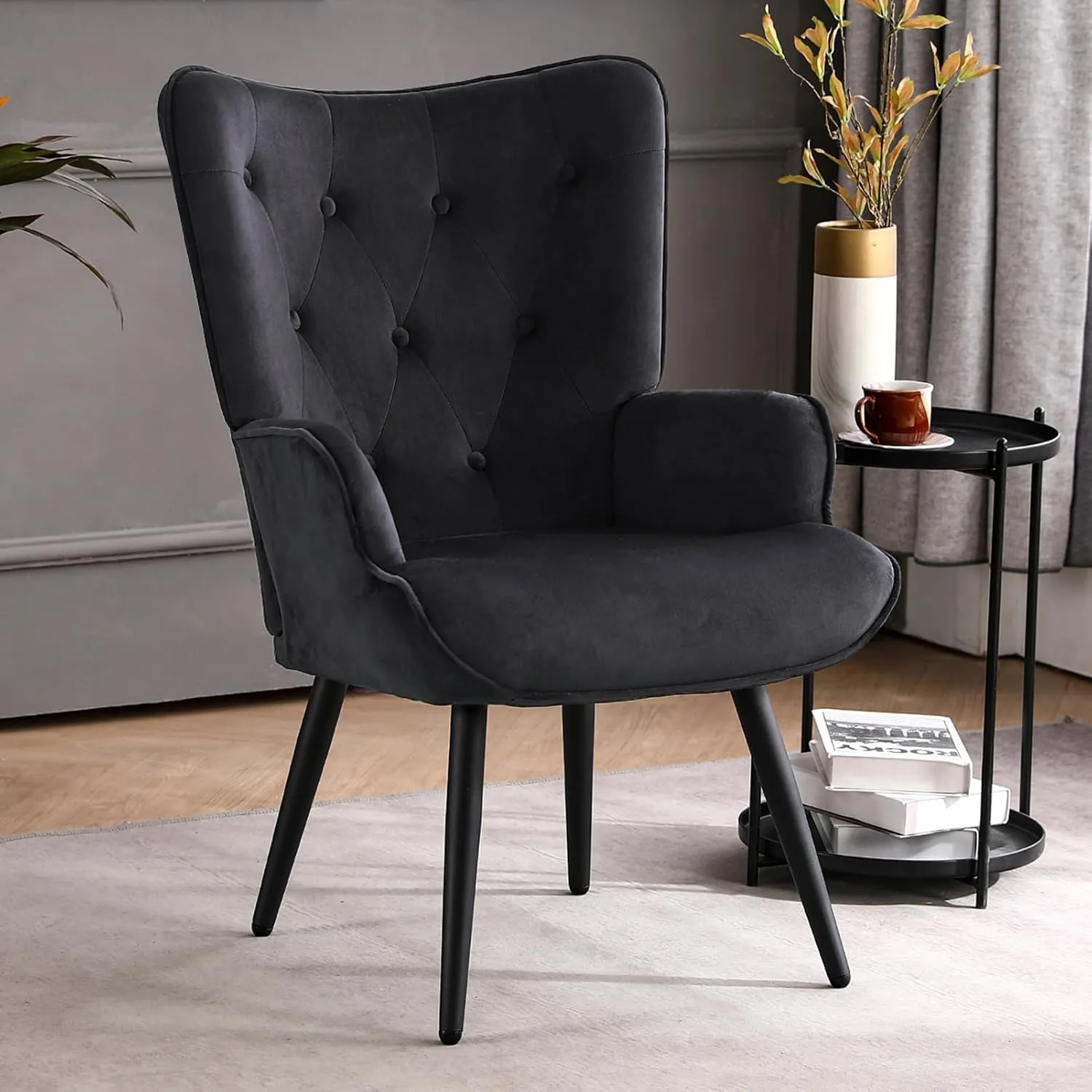 Furniliving Velvet Accent Chair Modern Upholstered Side Armchair with Tapered Legs Tufted Button Wingback Sofa Chairs Tall Back Reading for Living Room Bedroom Waiting Room, Black