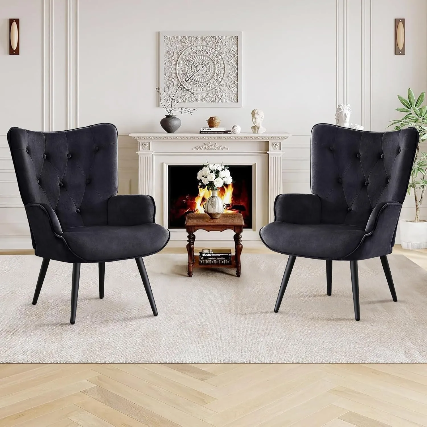 Furniliving Velvet Accent Chair Modern Upholstered Side Armchair with Tapered Legs Tufted Button Wingback Sofa Chairs Tall Back Reading for Living Room Bedroom Waiting Room, Black