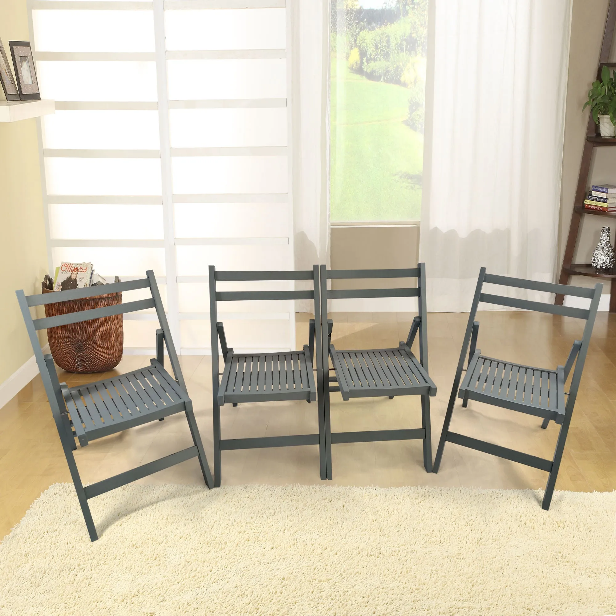 Furniture Slatted Wood Folding Special Event Chair - Gray; Set of 4; FOLDING CHAIR; FOLDABLE STYLE