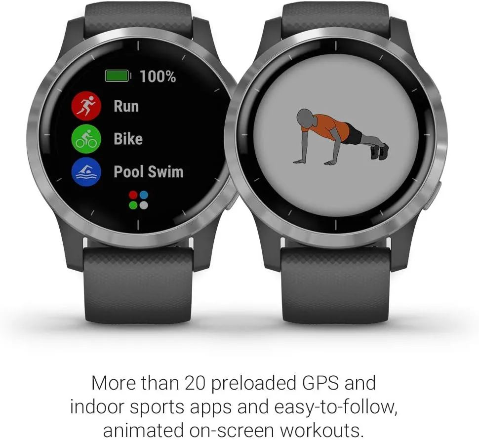 Garmin 010-02174-01 vivoactive 4, GPS Smartwatch, Features Music, Body Energy Monitoring, Animated Workouts, Pulse Ox Sensors and More, Silver with Gray Band