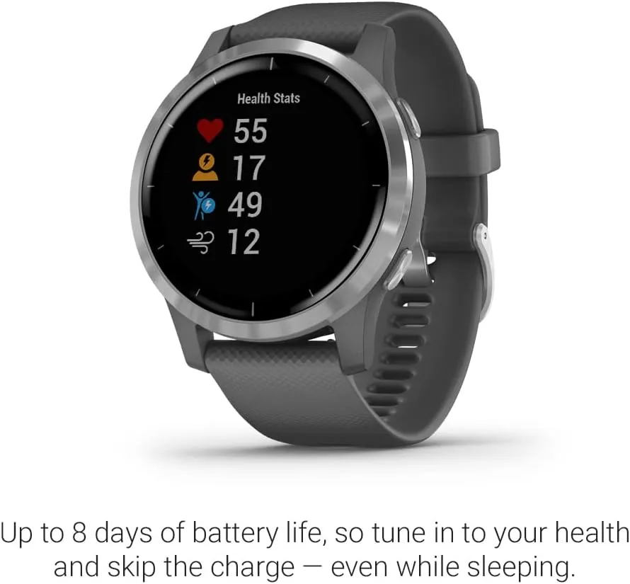 Garmin 010-02174-01 vivoactive 4, GPS Smartwatch, Features Music, Body Energy Monitoring, Animated Workouts, Pulse Ox Sensors and More, Silver with Gray Band