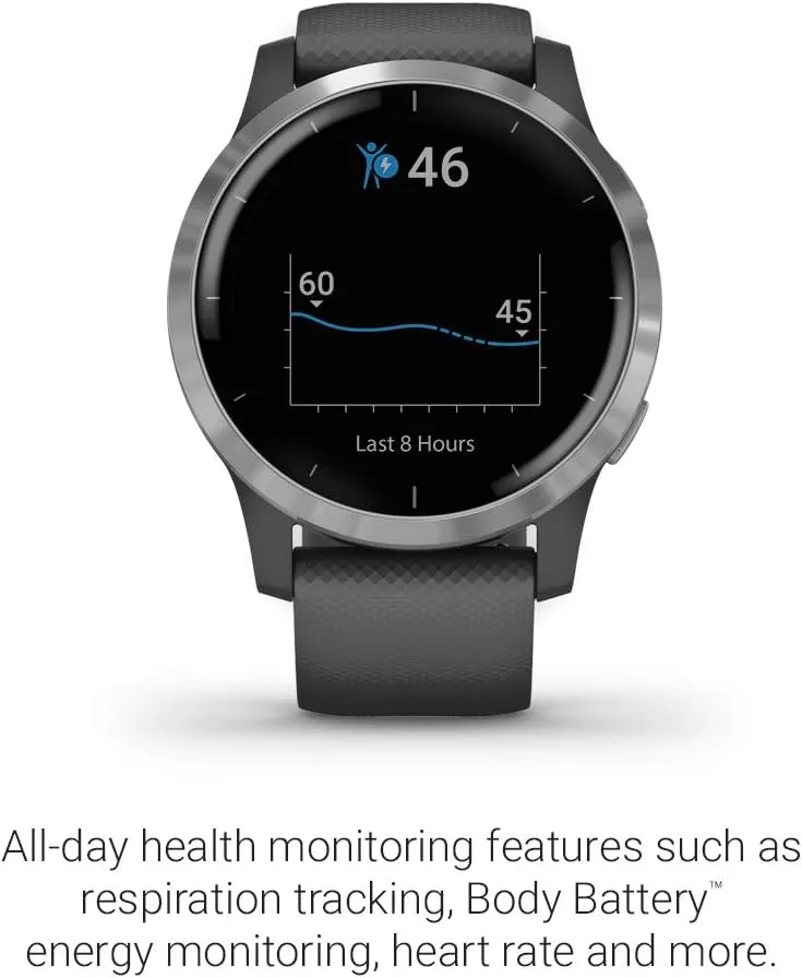 Garmin 010-02174-01 vivoactive 4, GPS Smartwatch, Features Music, Body Energy Monitoring, Animated Workouts, Pulse Ox Sensors and More, Silver with Gray Band