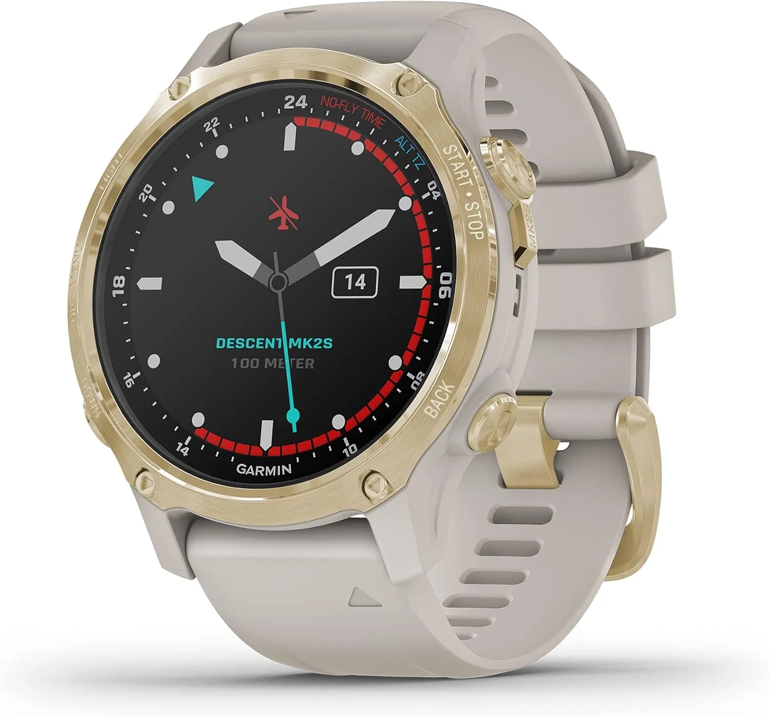 Garmin Descent Mk2S, Smaller-Sized Watch-Style Dive Computer, Multisport Training/Smart Features, Light Gold with Light Sand Silicone Band, (010-02403-00) (Renewed)