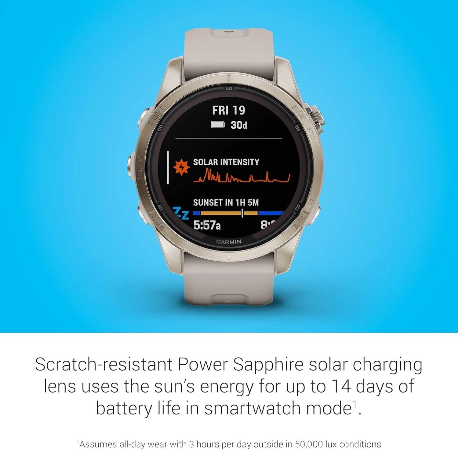Garmin fēnix 7S Pro Sapphire Solar, Multisport GPS Smartwatch, Built-in Flashlight, Solar Charging Capability, Sand