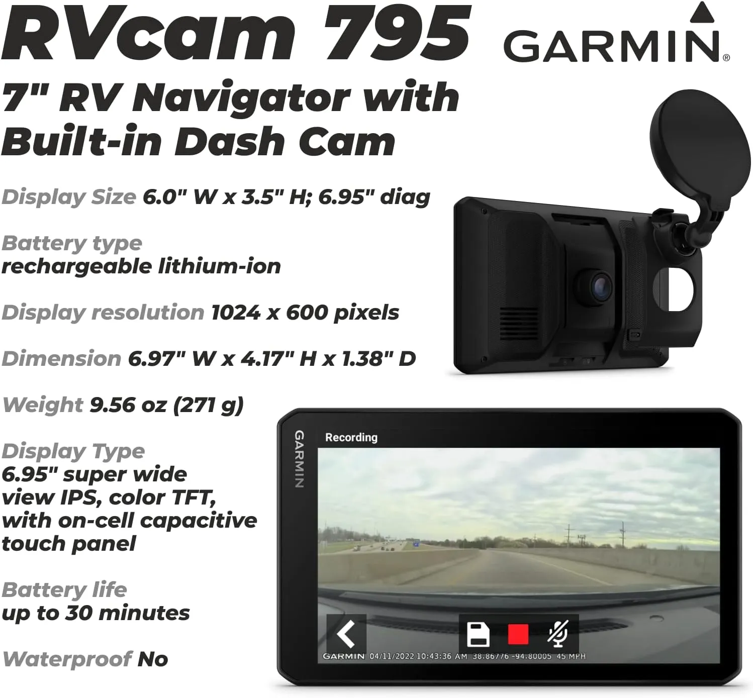 Garmin RV Cam 795, Large, Easy-to-Read 7” GPS RV Navigator, Built-in Dash Cam, Automatic Incident Detection, Custom RV Routing with Wearable4U Power Pack Bundle