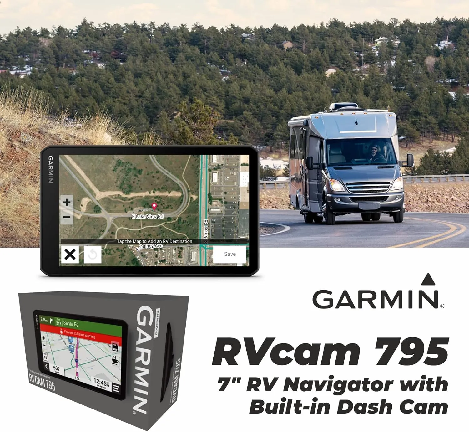 Garmin RV Cam 795, Large, Easy-to-Read 7” GPS RV Navigator, Built-in Dash Cam, Automatic Incident Detection, Custom RV Routing with Wearable4U Power Pack Bundle