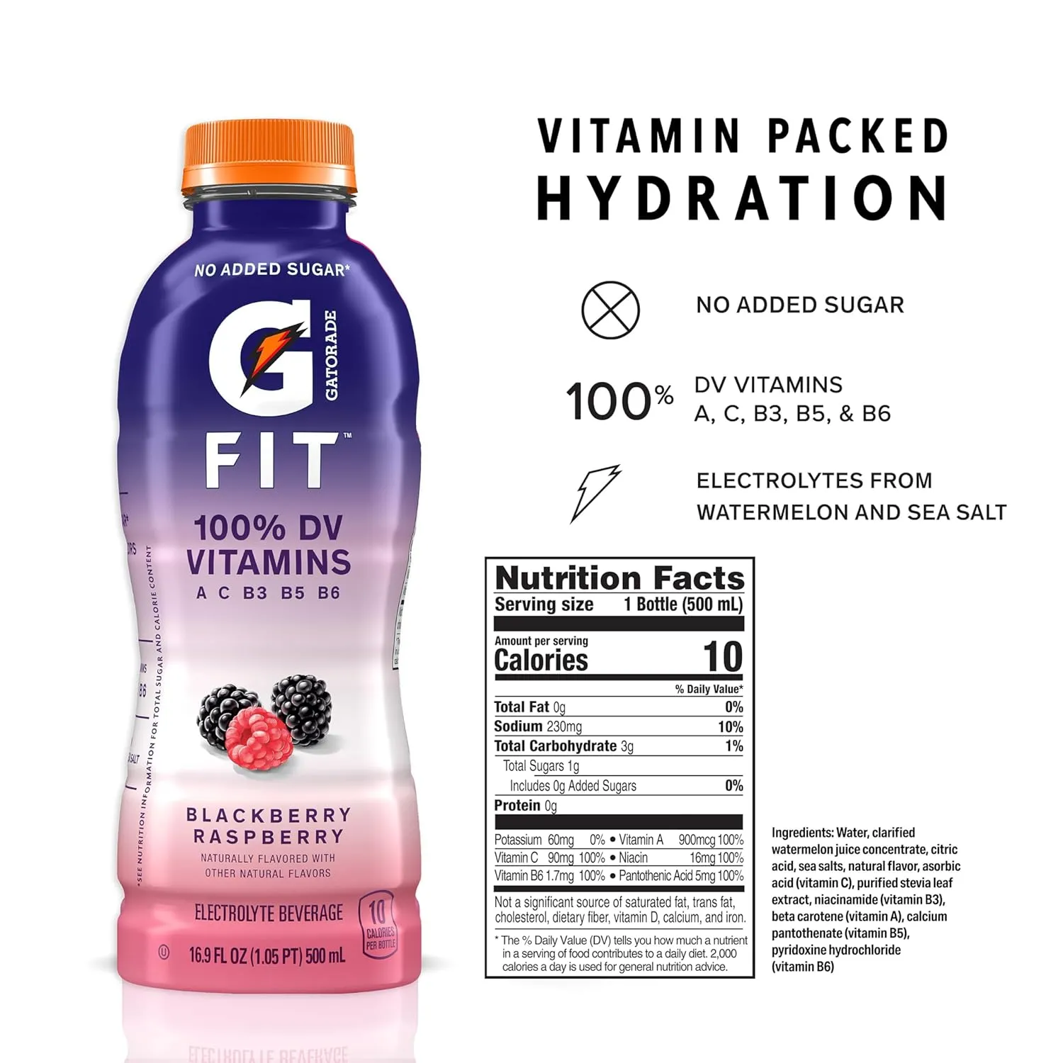 Gatorade Fit Electrolyte Beverage, Healthy Real Hydration, Blackberry Raspberry, 16.9.oz Bottles (12 Pack)