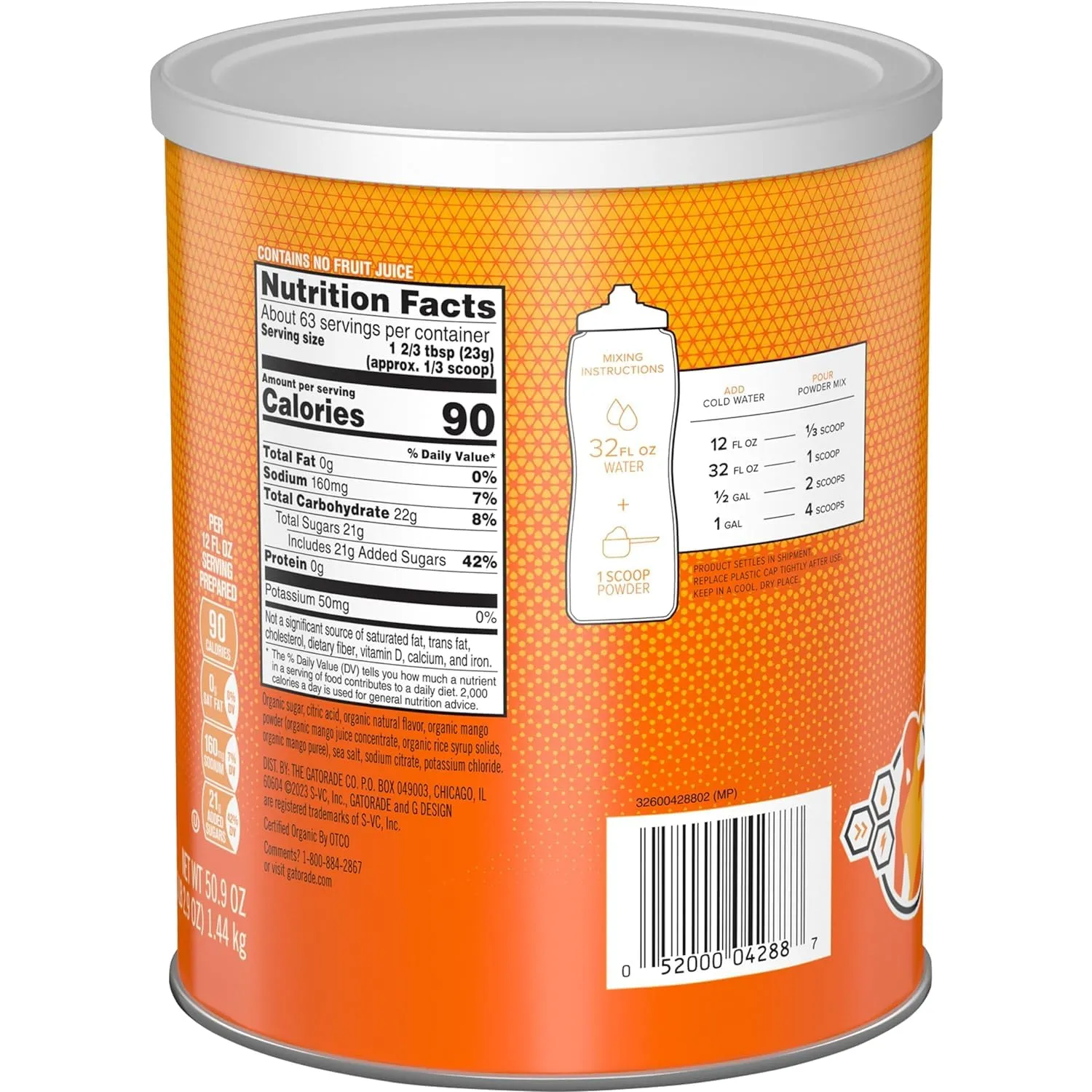 Gatorade G ESSNTL Organic Thirst Quencher Powder, Mango, 50.9oz Canister (Pack of 3)