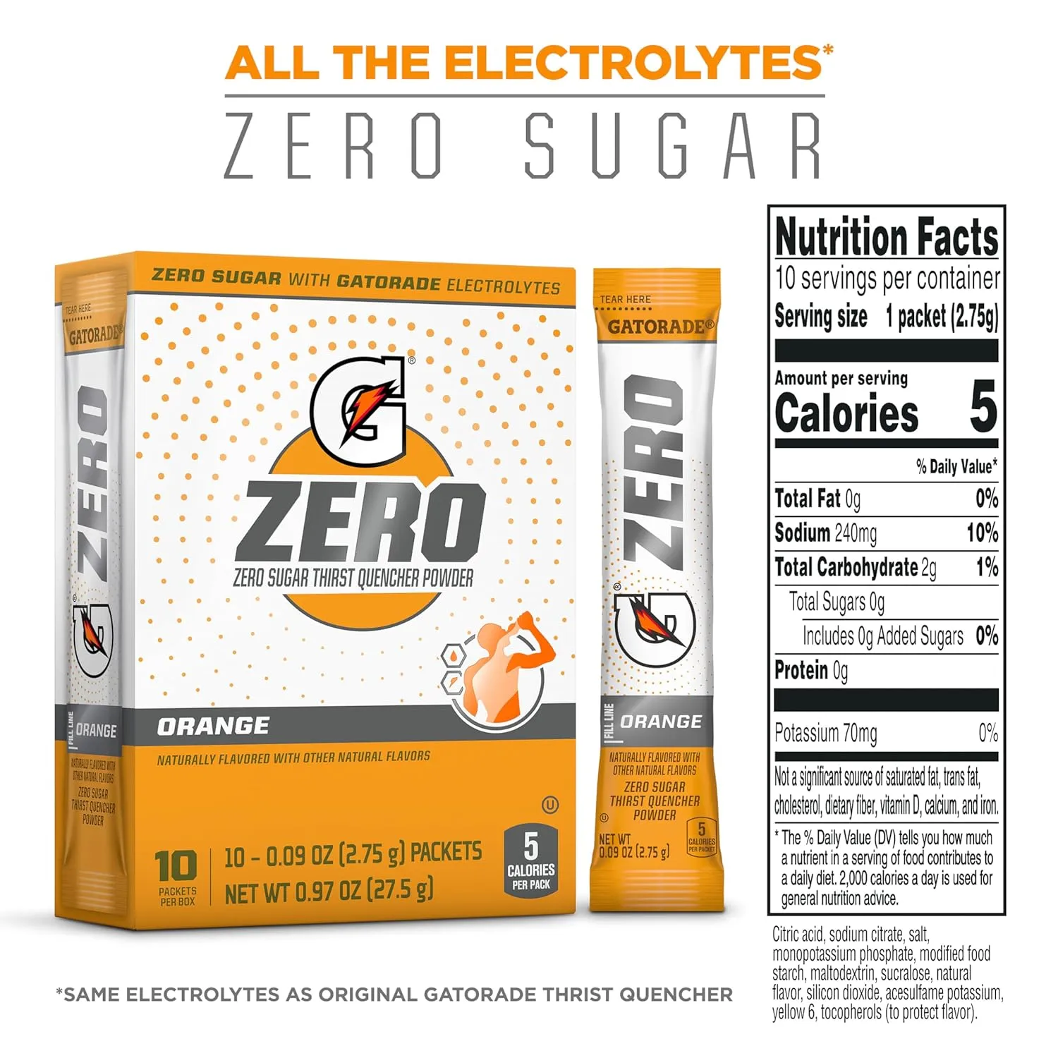 Gatorade G Zero Powder, Orange, 0.10oz Packets,(120 counts) , Pack of 12