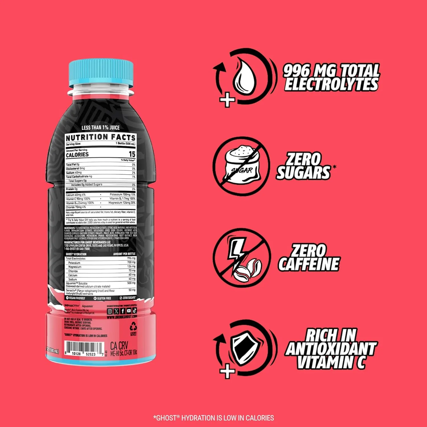 GHOST Hydration Drink, Kiwi Strawberry- RTD Sports Drink with Electrolytes, Natural Vitamins & Minerals - All Day Lifestyle Hydration Beverage - Zero Caffeine & Zero Sugars - 16.9 Fl Oz, 12 Pack