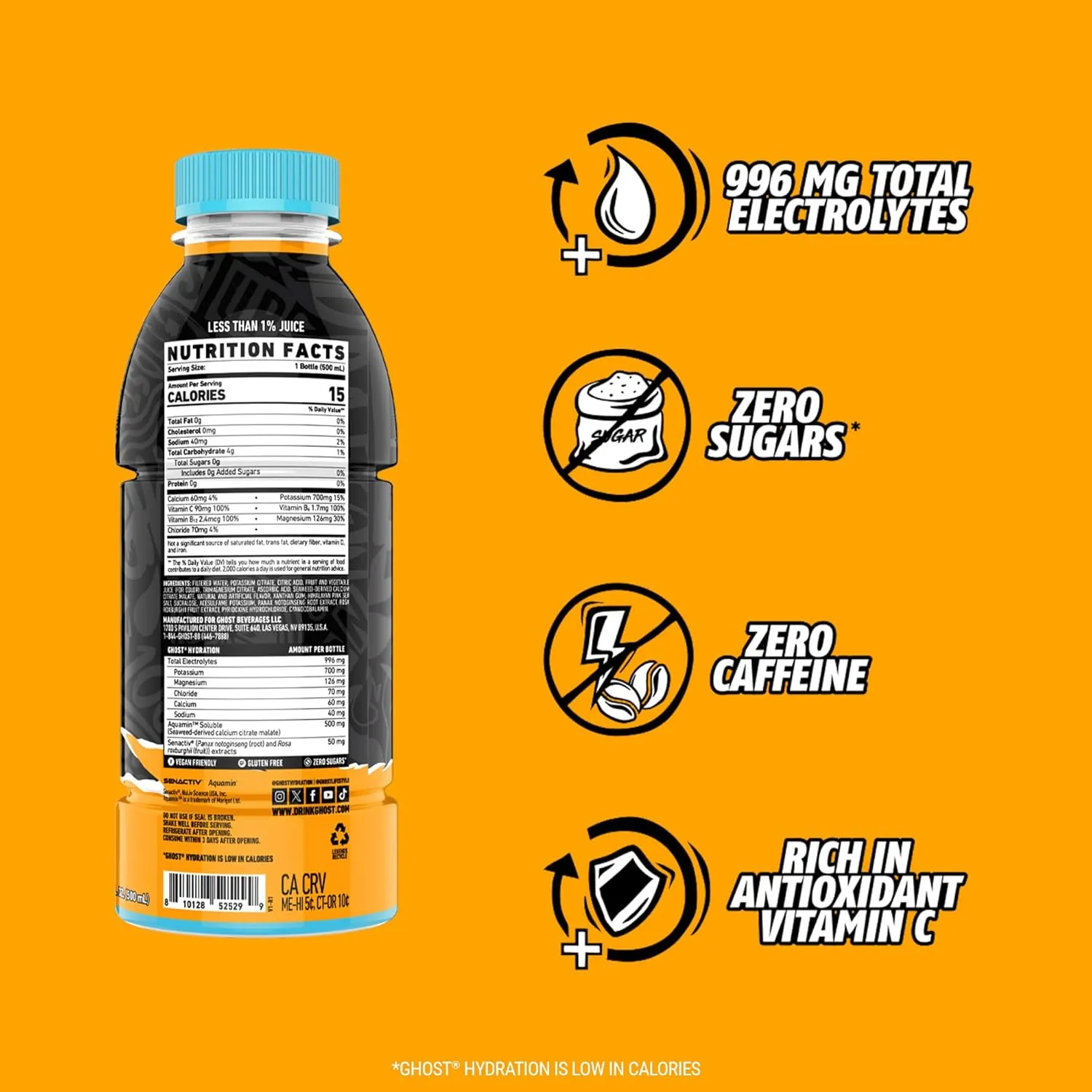 GHOST Hydration Drink, Orange Squeeze - RTD Sports Drink with Electrolytes, Natural Vitamins & Minerals - All Day Lifestyle Hydration Beverage - Zero Caffeine & Zero Sugars - 16.9 Fl Oz, 12 Pack