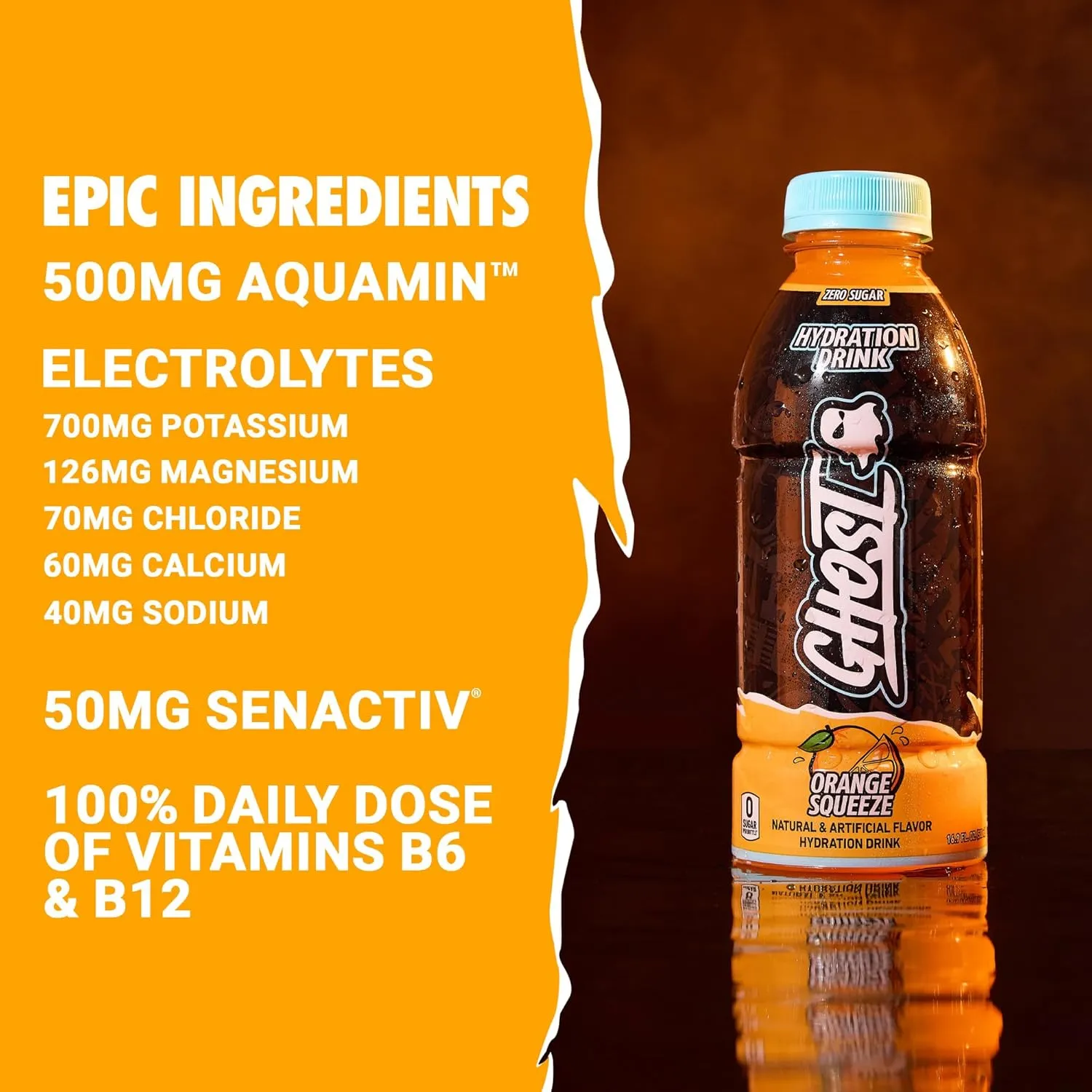 GHOST Hydration Drink, Orange Squeeze - RTD Sports Drink with Electrolytes, Natural Vitamins & Minerals - All Day Lifestyle Hydration Beverage - Zero Caffeine & Zero Sugars - 16.9 Fl Oz, 12 Pack
