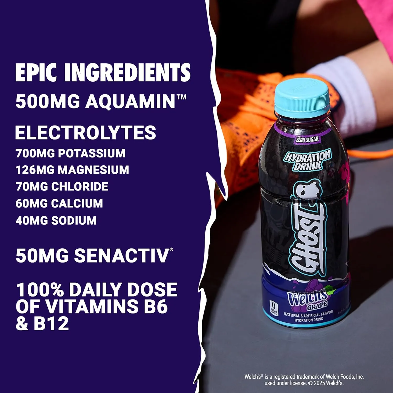 GHOST Hydration Drink, Welch’s Grape - RTD Sports Drink with Electrolytes, Natural Vitamins & Minerals - All Day Lifestyle Hydration Beverage - Zero Caffeine & Zero Sugars - 16.9 Fl Oz, 12 Pack