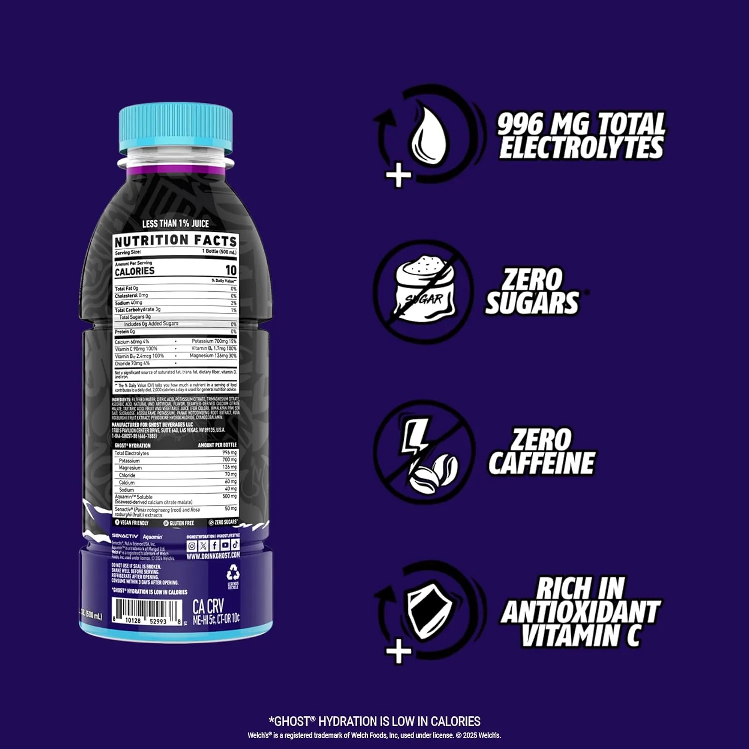 GHOST Hydration Drink, Welch’s Grape - RTD Sports Drink with Electrolytes, Natural Vitamins & Minerals - All Day Lifestyle Hydration Beverage - Zero Caffeine & Zero Sugars - 16.9 Fl Oz, 12 Pack