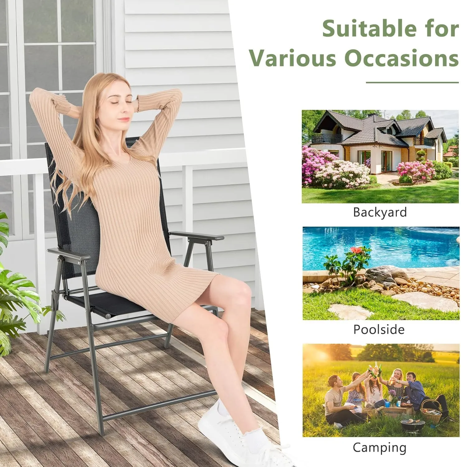 Giantex Patio Folding Chairs Set of 4, Outdoor Lawn Chairs with Rustproof Metal Frame, Portable Dining Chairs for Porch, Deck, Garden, Backyard, Camping