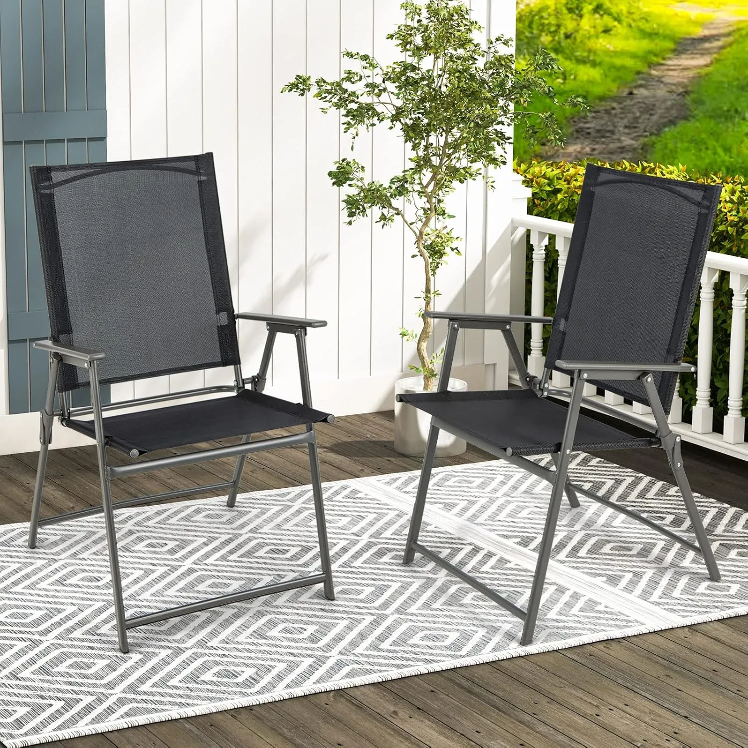 Giantex Patio Folding Chairs Set of 4, Outdoor Lawn Chairs with Rustproof Metal Frame, Portable Dining Chairs for Porch, Deck, Garden, Backyard, Camping