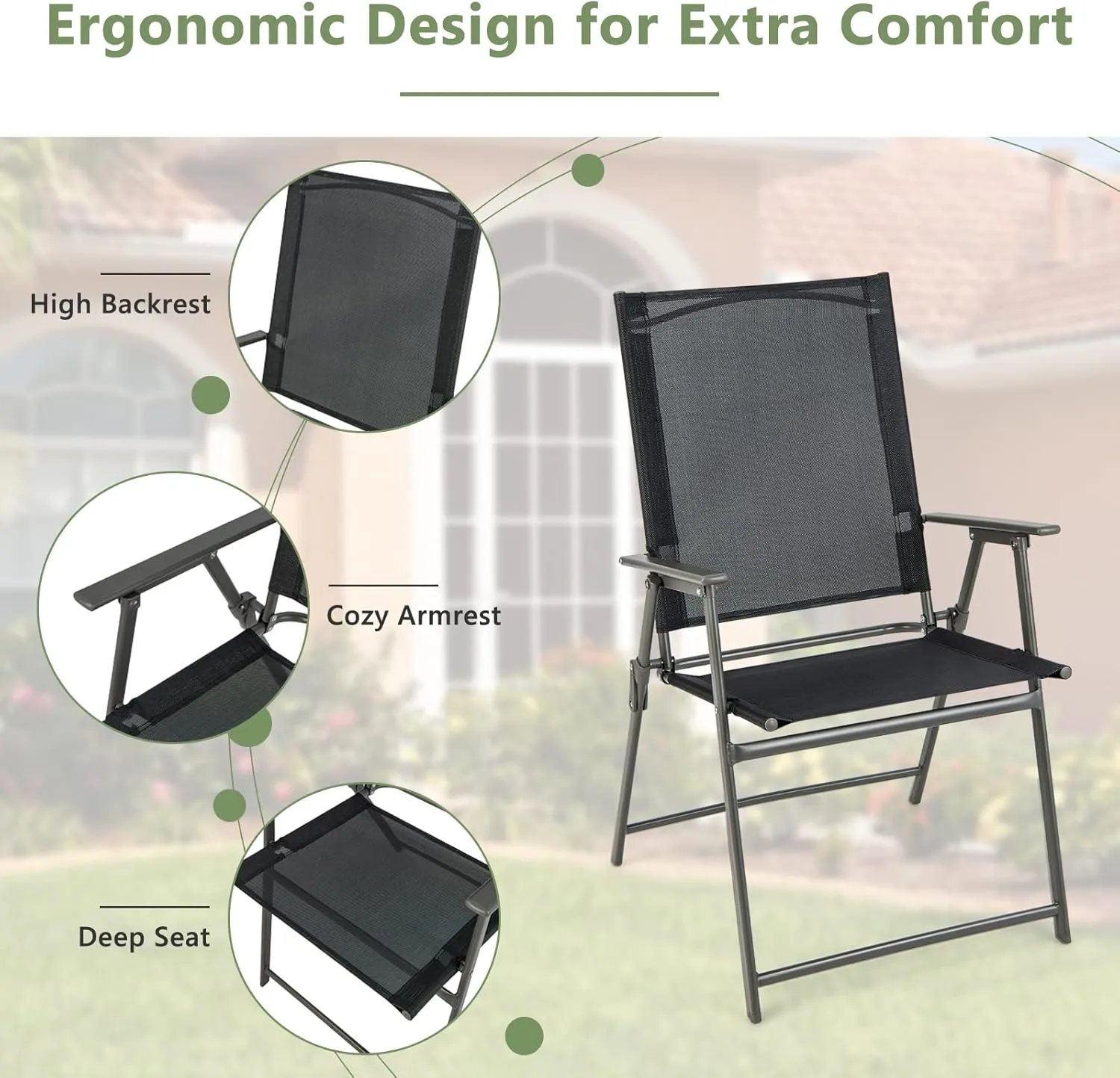 Giantex Patio Folding Chairs Set of 4, Outdoor Lawn Chairs with Rustproof Metal Frame, Portable Dining Chairs for Porch, Deck, Garden, Backyard, Camping