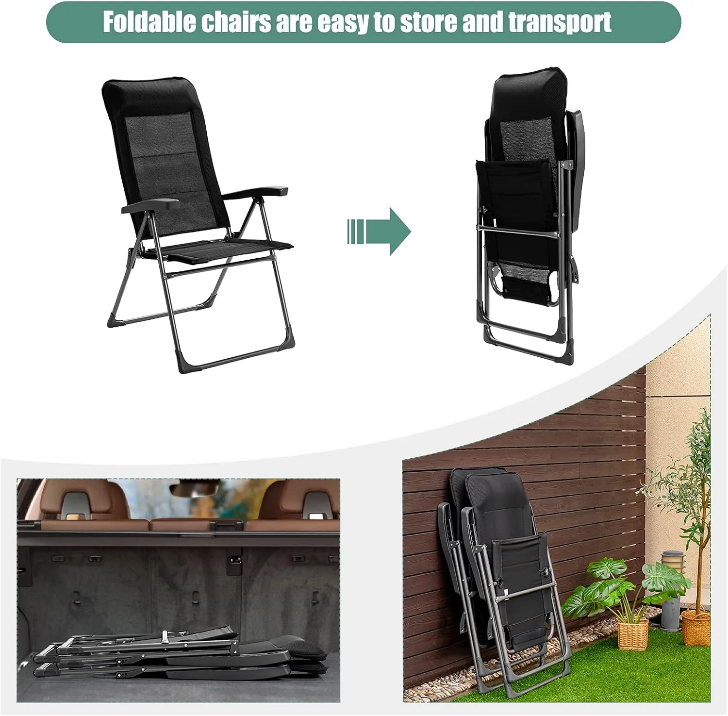 Giantex Set of 2 Patio Dining Chairs, Folding Patio Chairs, Outdoor Lawn Chairs with Adjustable Backrest and Headrest, Sling Camping Chairs, Portable Armchair for Porch Poolside Garden Backyard