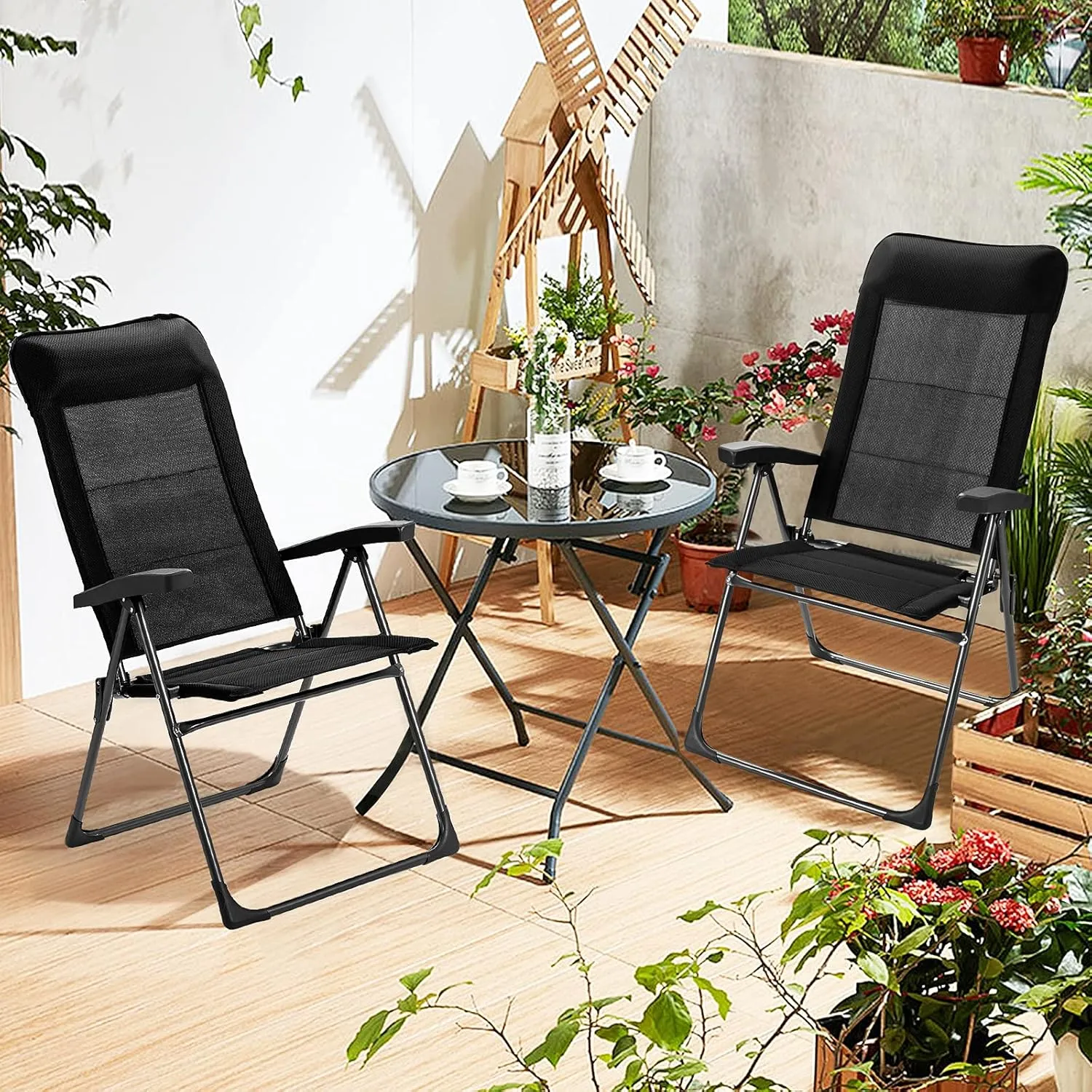 Giantex Set of 2 Patio Dining Chairs, Folding Patio Chairs, Outdoor Lawn Chairs with Adjustable Backrest and Headrest, Sling Camping Chairs, Portable Armchair for Porch Poolside Garden Backyard