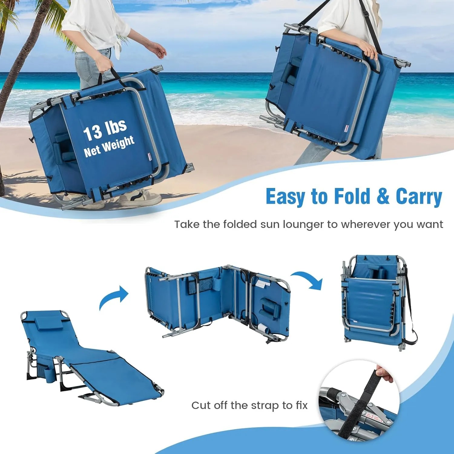 Giantex Tanning Chair, 400Lbs Patio Lounge Chair with 5 Adjustable Position, Face & Arm Hole, Hand/Shoulder Strap, Removable Pillow, Side Pocket, Chaise Lounger for Beach Sunbathing Outdoor, Blue