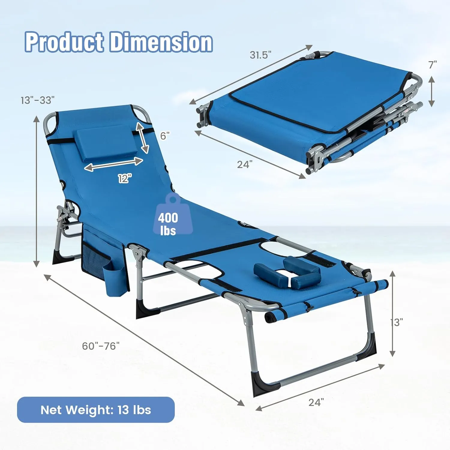 Giantex Tanning Chair, 400Lbs Patio Lounge Chair with 5 Adjustable Position, Face & Arm Hole, Hand/Shoulder Strap, Removable Pillow, Side Pocket, Chaise Lounger for Beach Sunbathing Outdoor, Blue