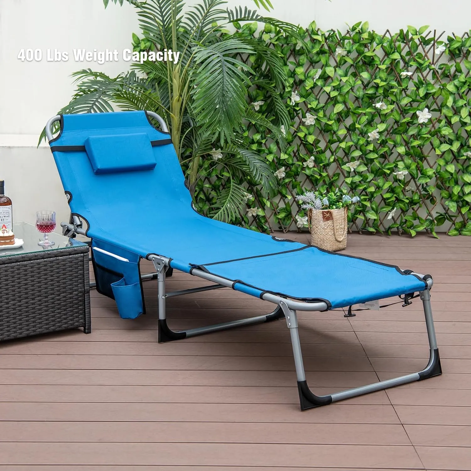 Giantex Tanning Chair, 400Lbs Patio Lounge Chair with 5 Adjustable Position, Face & Arm Hole, Hand/Shoulder Strap, Removable Pillow, Side Pocket, Chaise Lounger for Beach Sunbathing Outdoor, Blue