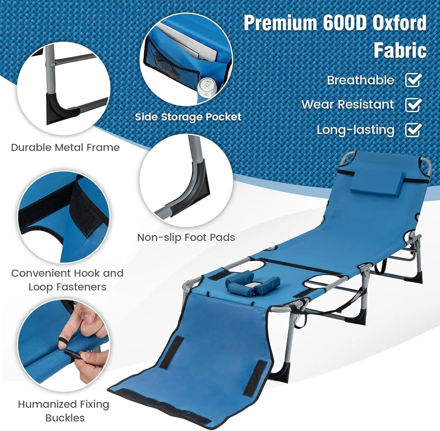 Giantex Tanning Chair, 400Lbs Patio Lounge Chair with 5 Adjustable Position, Face & Arm Hole, Hand/Shoulder Strap, Removable Pillow, Side Pocket, Chaise Lounger for Beach Sunbathing Outdoor, Blue