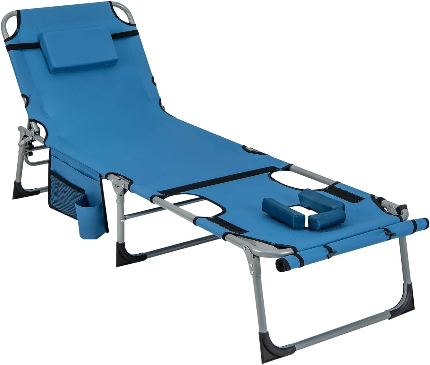 Giantex Tanning Chair, 400Lbs Patio Lounge Chair with 5 Adjustable Position, Face & Arm Hole, Hand/Shoulder Strap, Removable Pillow, Side Pocket, Chaise Lounger for Beach Sunbathing Outdoor, Blue