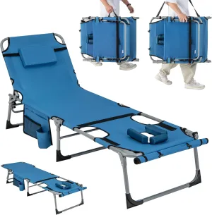 Giantex Tanning Chair, 400Lbs Patio Lounge Chair with 5 Adjustable Position, Face & Arm Hole, Hand/Shoulder Strap, Removable Pillow, Side Pocket, Chaise Lounger for Beach Sunbathing Outdoor, Blue