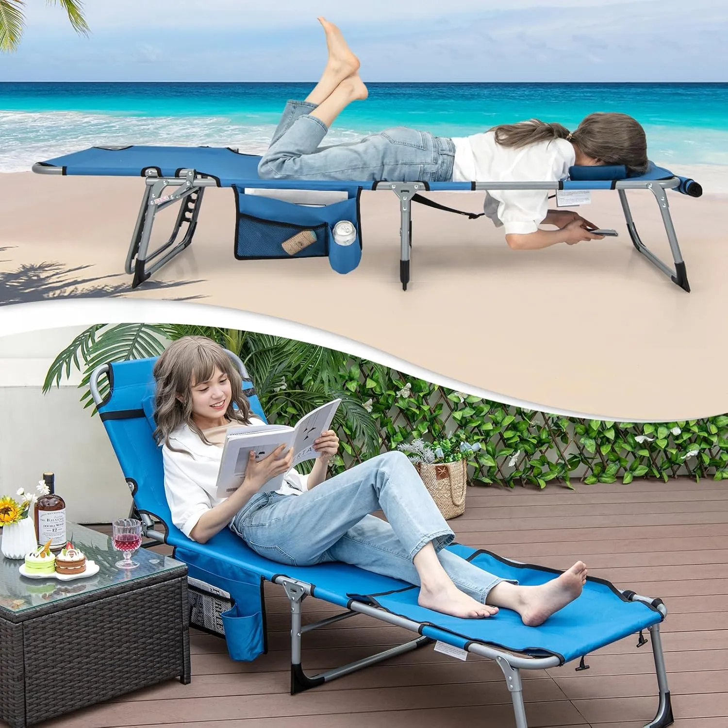 Giantex Tanning Chair, 400Lbs Patio Lounge Chair with 5 Adjustable Position, Face & Arm Hole, Hand/Shoulder Strap, Removable Pillow, Side Pocket, Chaise Lounger for Beach Sunbathing Outdoor, Blue