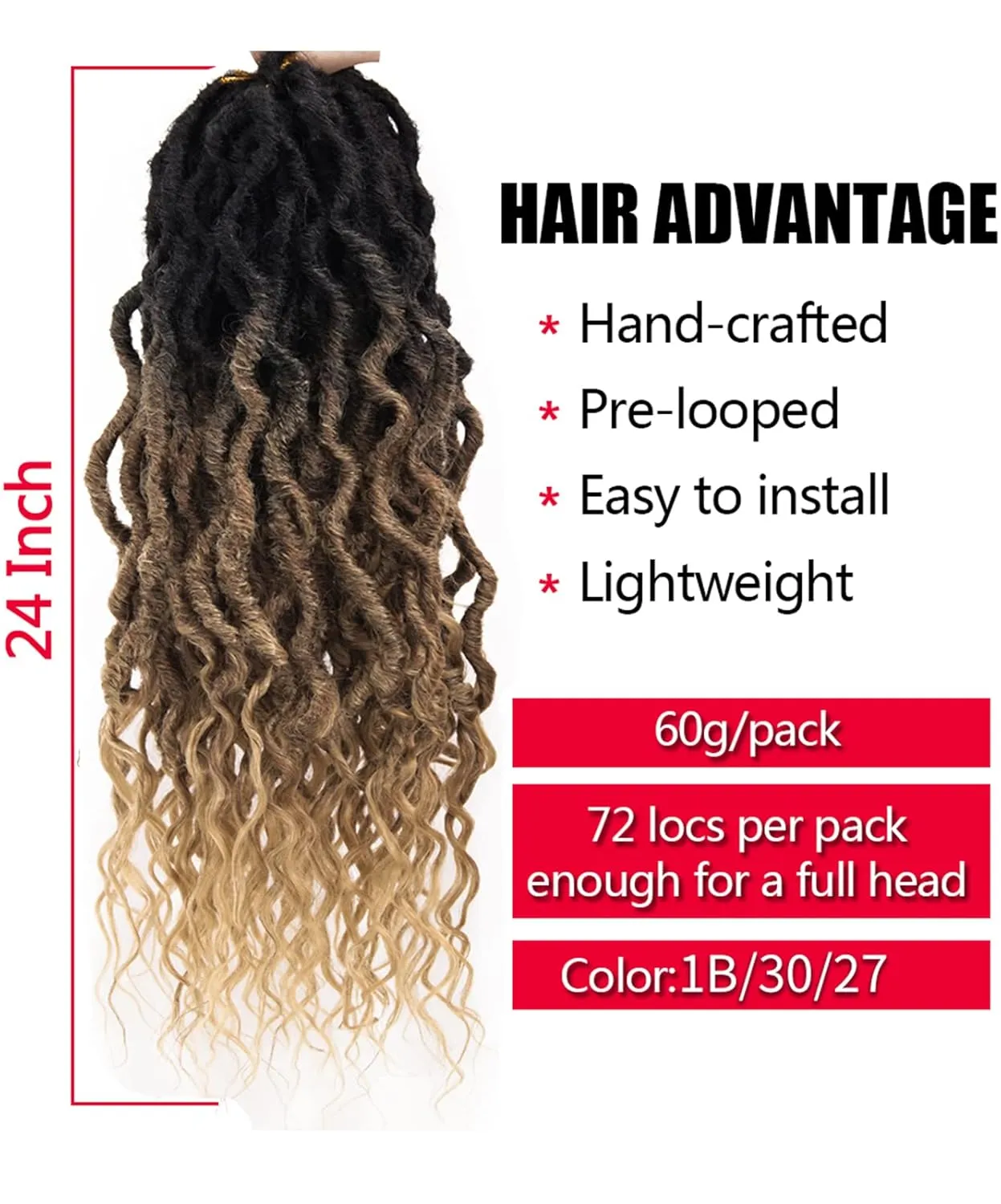 Goddess Locs Crochet Hair 6Packs 24Inch Pre-looped Crochet locs,Soft Locs with Curly Ends Dreadlocks Wavy Faux Crochet Locs Synthetic Crochet Braids Hair Extensions 72locs(24'', 1B/30/27)