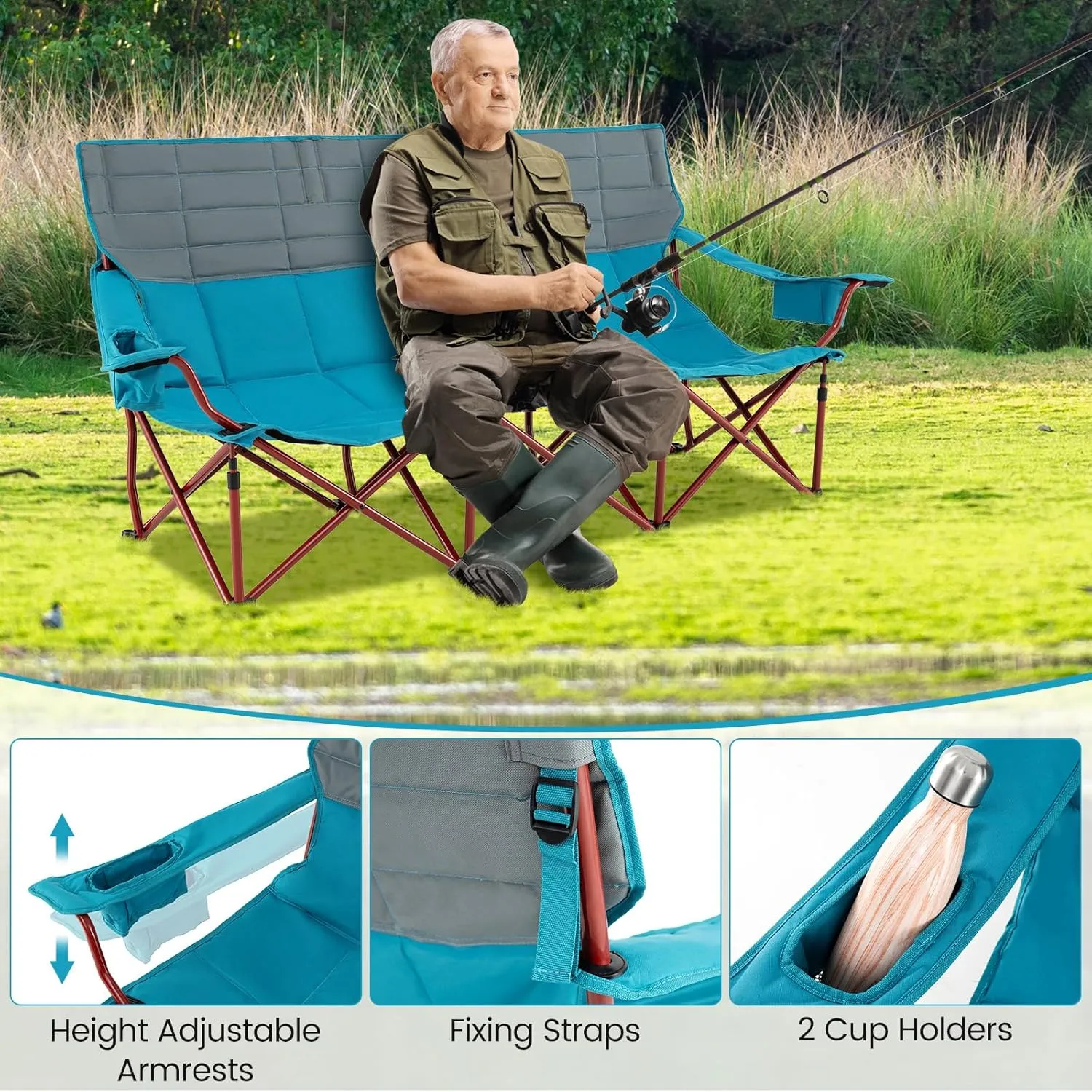 Goplus 3 Person Camping Chair for Adults, Low Outdoor Folding Oversized Couch Chair w/Cup Holders & Thick Padding, Heavy-Duty Lawn Chair for Beach Picnic Travel, Supports 900 LBS (3-Person Seat)