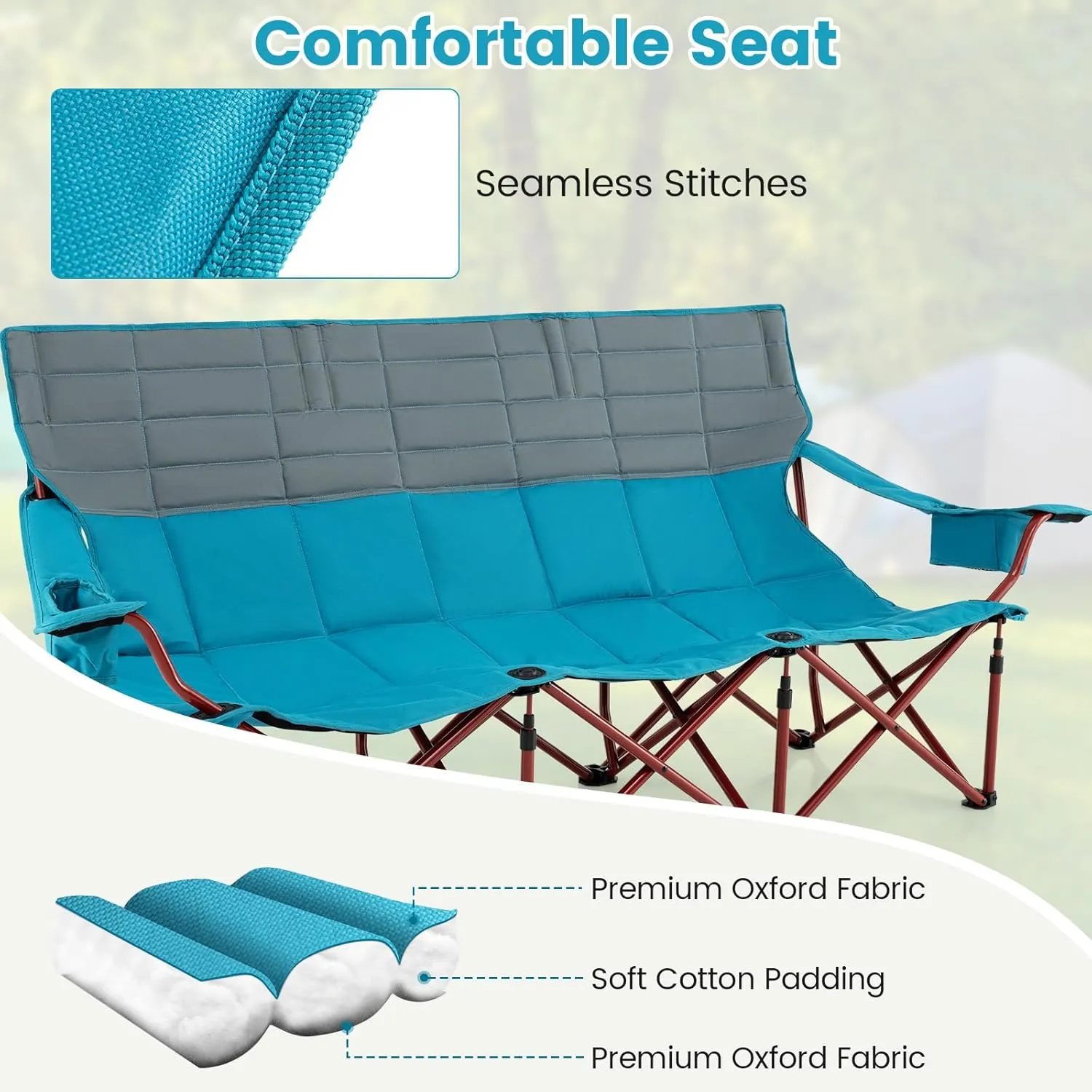 Goplus 3 Person Camping Chair for Adults, Low Outdoor Folding Oversized Couch Chair w/Cup Holders & Thick Padding, Heavy-Duty Lawn Chair for Beach Picnic Travel, Supports 900 LBS (3-Person Seat)