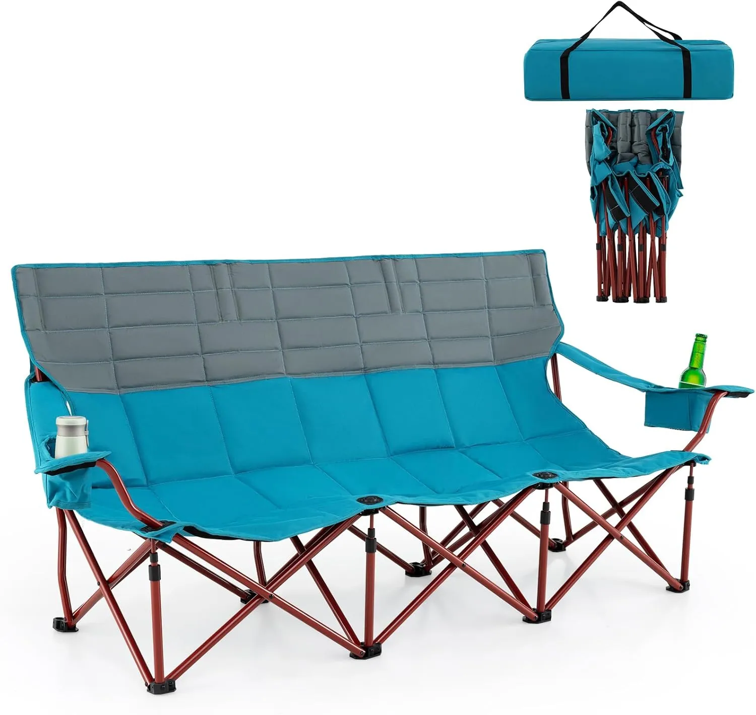 Goplus 3 Person Camping Chair for Adults, Low Outdoor Folding Oversized Couch Chair w/Cup Holders & Thick Padding, Heavy-Duty Lawn Chair for Beach Picnic Travel, Supports 900 LBS (3-Person Seat)