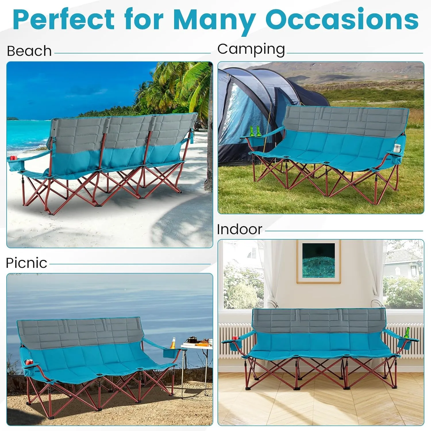 Goplus 3 Person Camping Chair for Adults, Low Outdoor Folding Oversized Couch Chair w/Cup Holders & Thick Padding, Heavy-Duty Lawn Chair for Beach Picnic Travel, Supports 900 LBS (3-Person Seat)