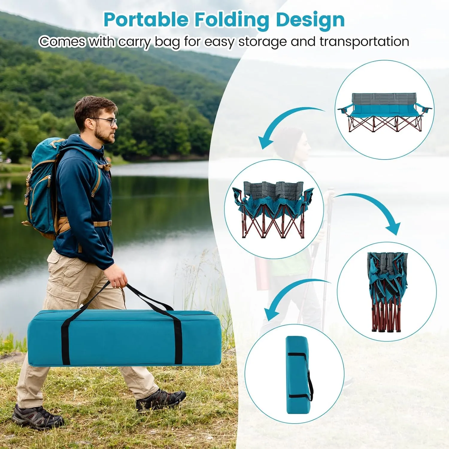 Goplus 3 Person Camping Chair for Adults, Low Outdoor Folding Oversized Couch Chair w/Cup Holders & Thick Padding, Heavy-Duty Lawn Chair for Beach Picnic Travel, Supports 900 LBS (3-Person Seat)