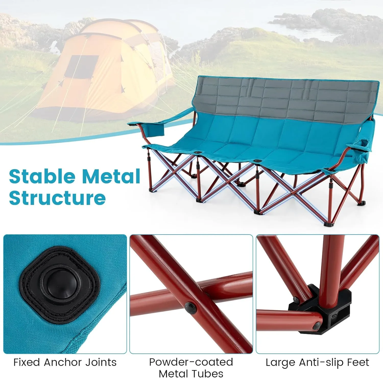 Goplus 3 Person Camping Chair for Adults, Low Outdoor Folding Oversized Couch Chair w/Cup Holders & Thick Padding, Heavy-Duty Lawn Chair for Beach Picnic Travel, Supports 900 LBS (3-Person Seat)